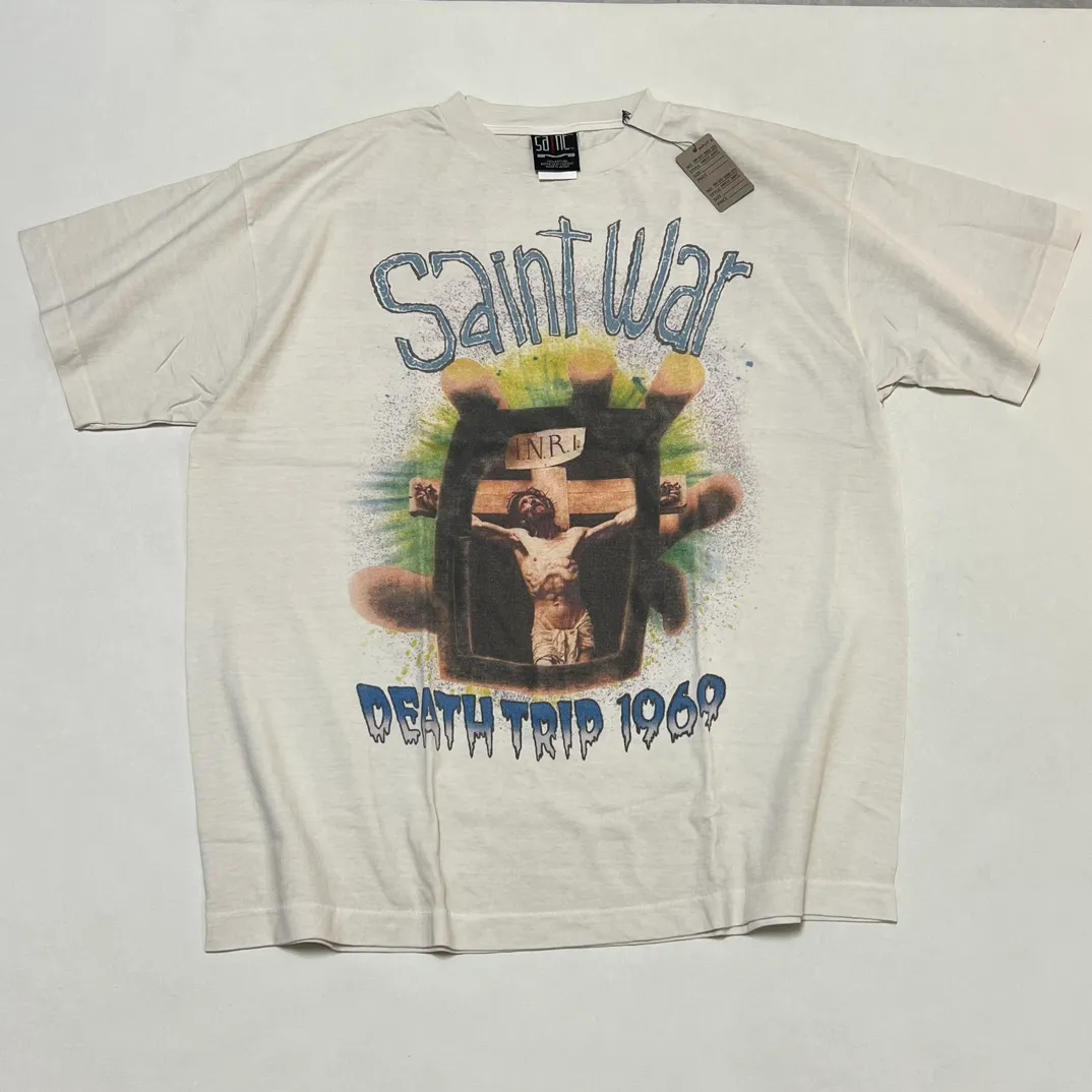 SAINT MICHAEL SAINT WAR TEE/WHAT new style Jesus cross retro short-sleeved, off-white S-XL, ready-to-wear, washed and distressed, printed repeatedly and modified, tube-woven seamless fabric, with little angel anti-counterfeiting label
